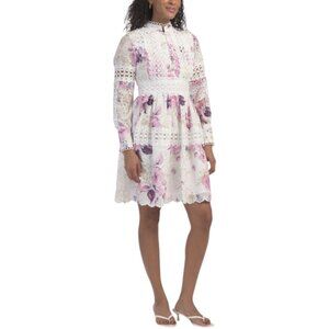DALIA MACPHEE Long Sleeve Floral Eyelet Lace Trim Mini Dress